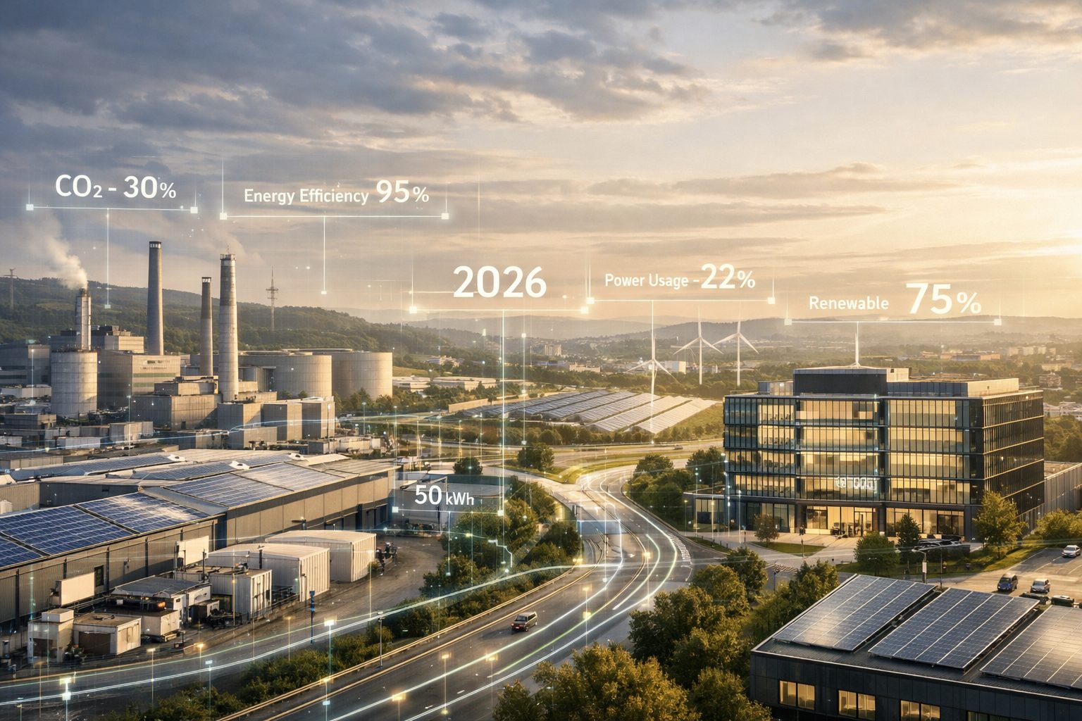 Paisaje industrial y empresarial europeo con fábricas y oficinas modernas que aplican eficiencia energética y gestión inteligente de la energía