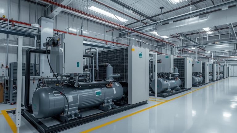 Bombas de calor industriales modernas y sistemas de recuperación de calor en una fábrica orientados a la eficiencia energética.