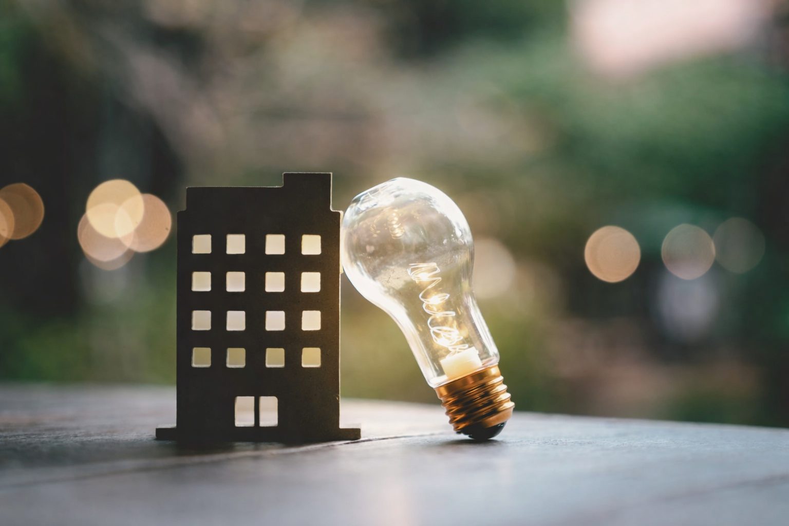 Bombilla junto a un edificio como símbolo de eficiencia energética y ahorro en empresas