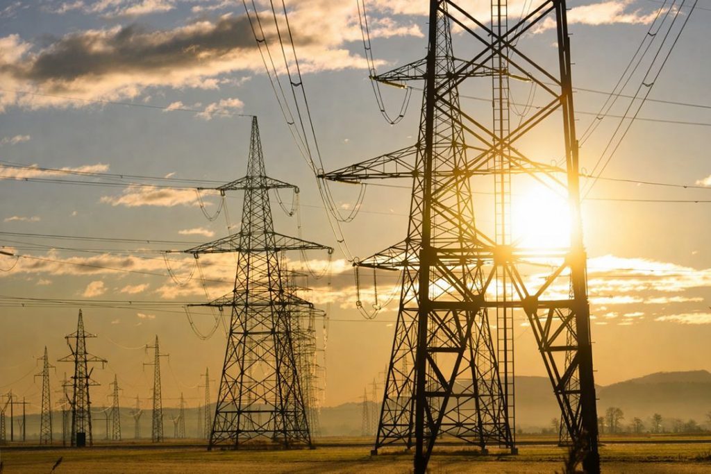 Torres de alta tensión y líneas eléctricas al atardecer en un paisaje abierto, imagen representativa de la red de distribución eléctrica, la infraestructura energética y la transición hacia un modelo energético más eficiente.