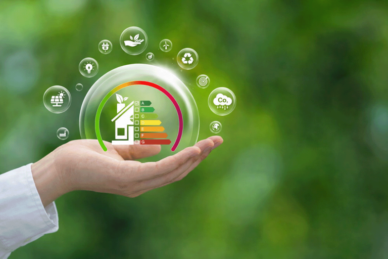 Mano con camisa blanca sosteniendo un icono de certificación de eficiencia energética (A–G) dentro de una burbuja, rodeado de símbolos de sostenibilidad, energías renovables, reciclaje y reducción de CO₂
