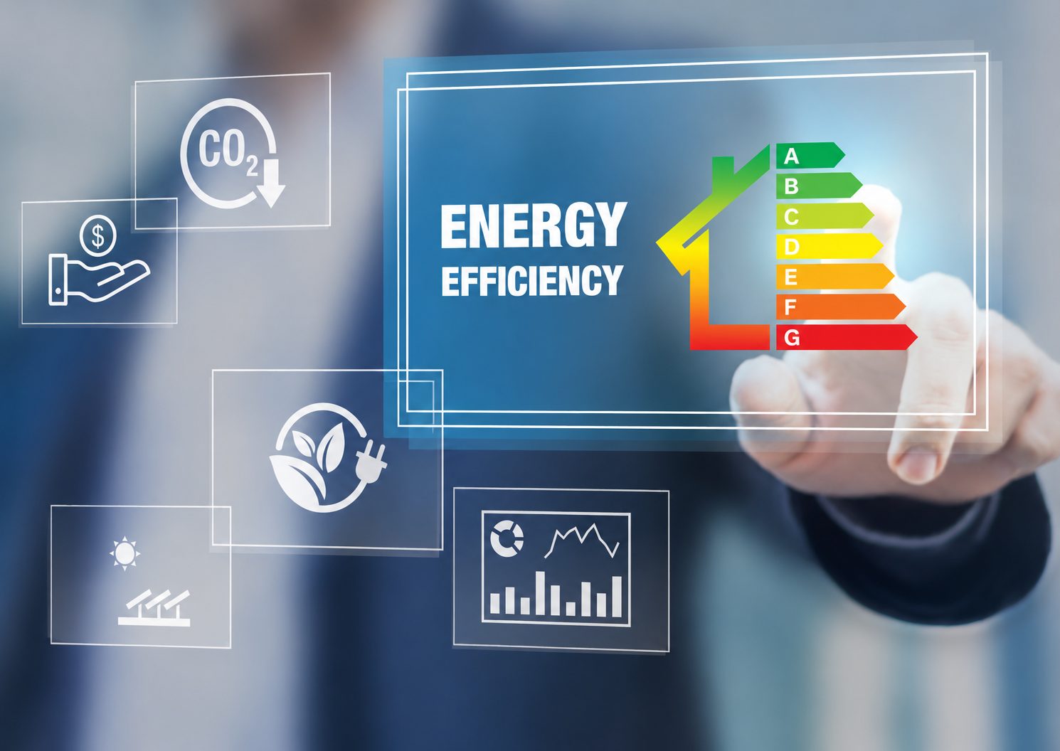 Interfaz digital sobre eficiencia energética e iconos de sostenibilidad