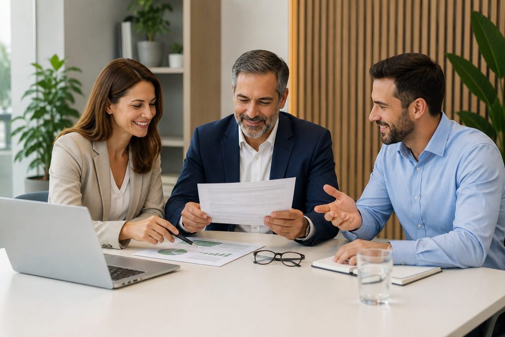 Equipo profesional revisando documentación y gráficos financieros durante una reunión de asesoramiento para la gestión de subvenciones energéticas, ayudas públicas y proyectos de eficiencia energética para empresas.