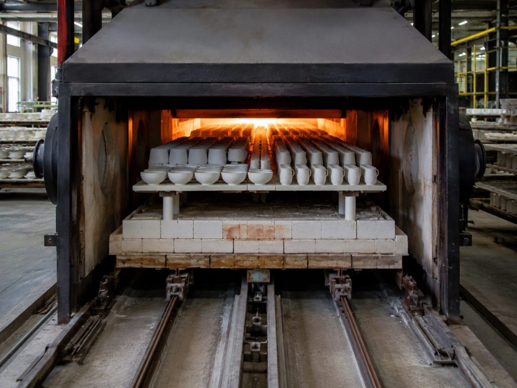 Horno industrial de cerámica con piezas blancas alineadas sobre una vagoneta, iluminadas por el resplandor naranja del calor en el interior de una fábrica.