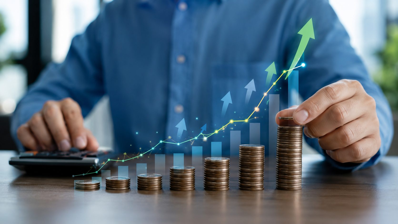 Gráfico de crecimiento y monedas apiladas que representan la mejora del EBITDA mediante ahorro y eficiencia energética.
