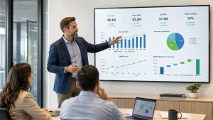 Profesional presenta a su equipo gráficos de ingresos, rentabilidad y evolución del EBITDA en una reunión empresarial.