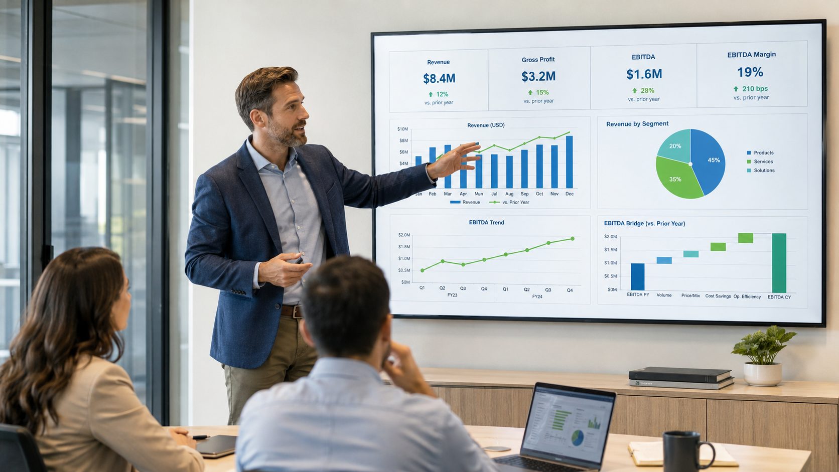 Profesional presenta a su equipo gráficos de ingresos, rentabilidad y evolución del EBITDA en una reunión empresarial.