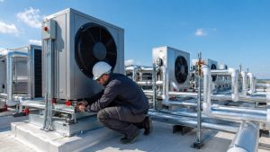 Instalador trabajando en un sistema de aerotermia industrial con bombas de calor y tuberías en una azotea técnica.