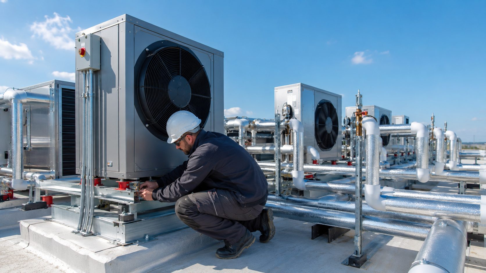 Instalador trabajando en un sistema de aerotermia industrial con bombas de calor y tuberías en una azotea técnica.