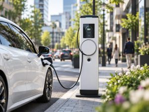 Coche eléctrico blanco conectado a un punto de recarga en una zona urbana.