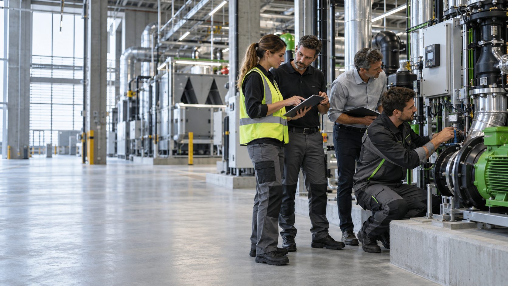 Cuatro profesionales revisan una instalación industrial con tablets mientras un técnico inspecciona una bomba y sus conexiones.