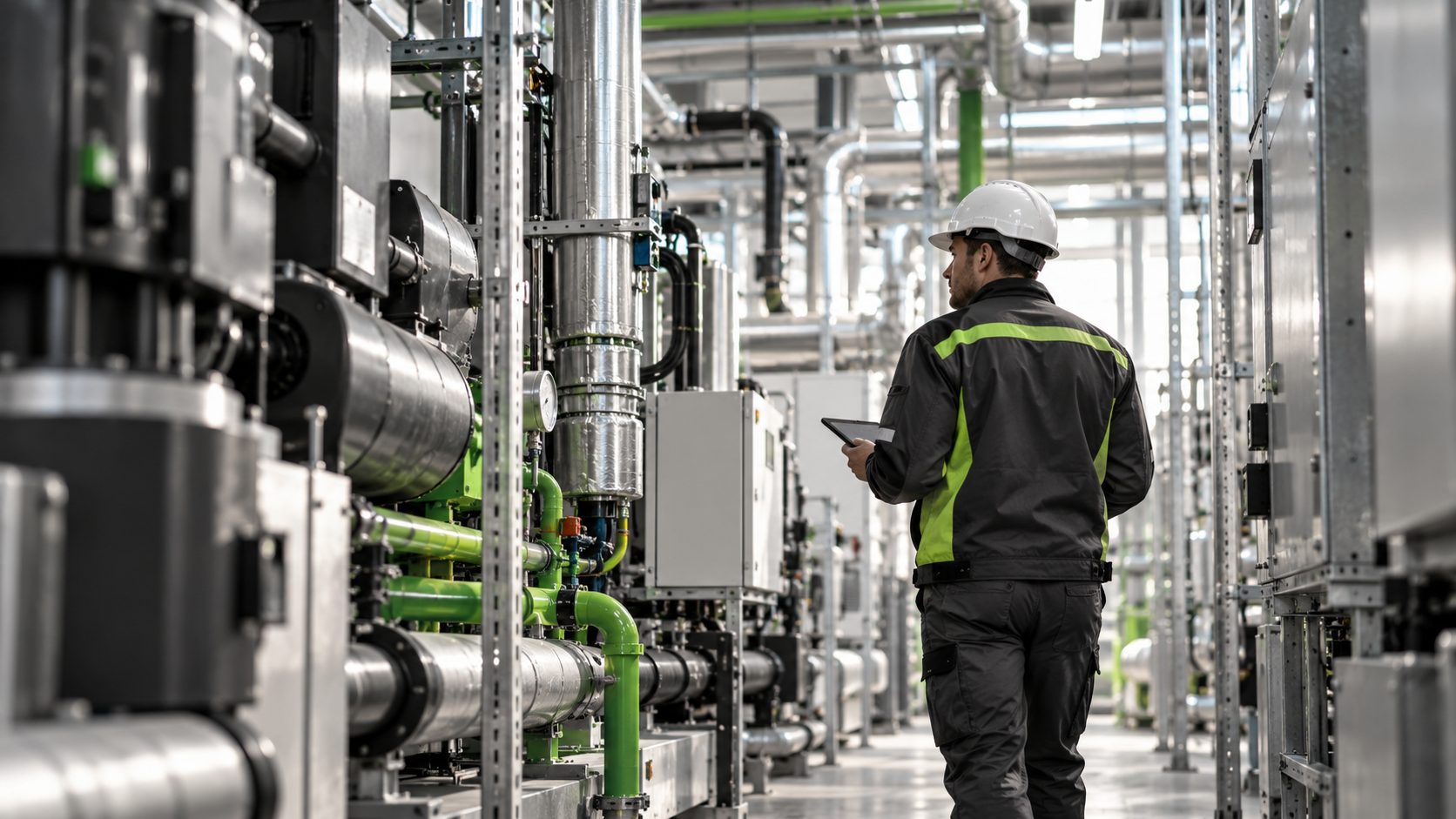 Técnico con casco y tablet inspeccionando equipos y tuberías en una sala de instalaciones industriales.