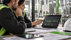 Profesionales analizando gráficos de consumo energético en un portátil durante una auditoría energética industrial.