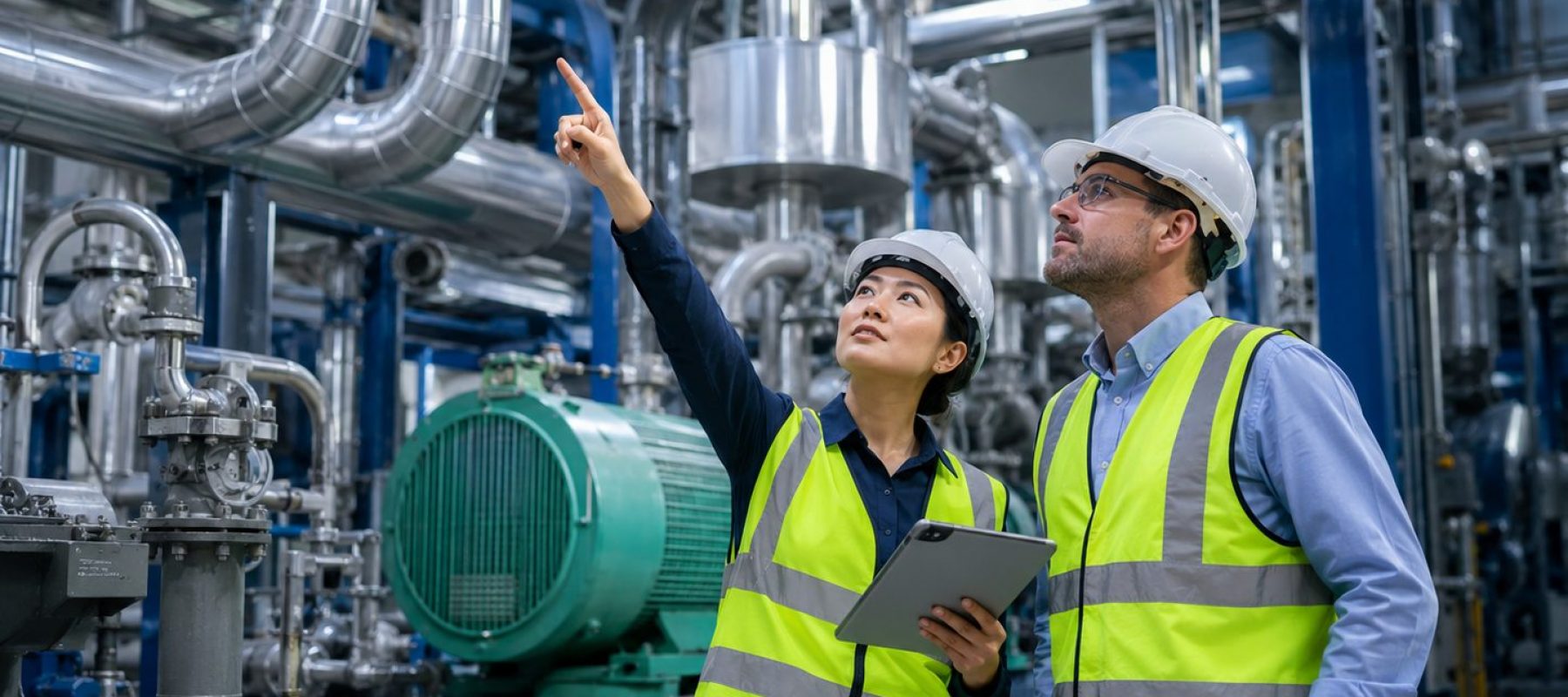 Ingenieros revisan una instalación industrial eficiente con tablet en una planta moderna de tuberías y equipos energéticos.