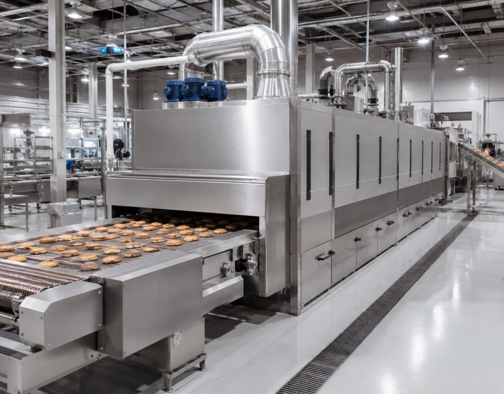 Horno industrial de acero inoxidable en una planta agroalimentaria, con cinta transportadora de productos en proceso de cocción.